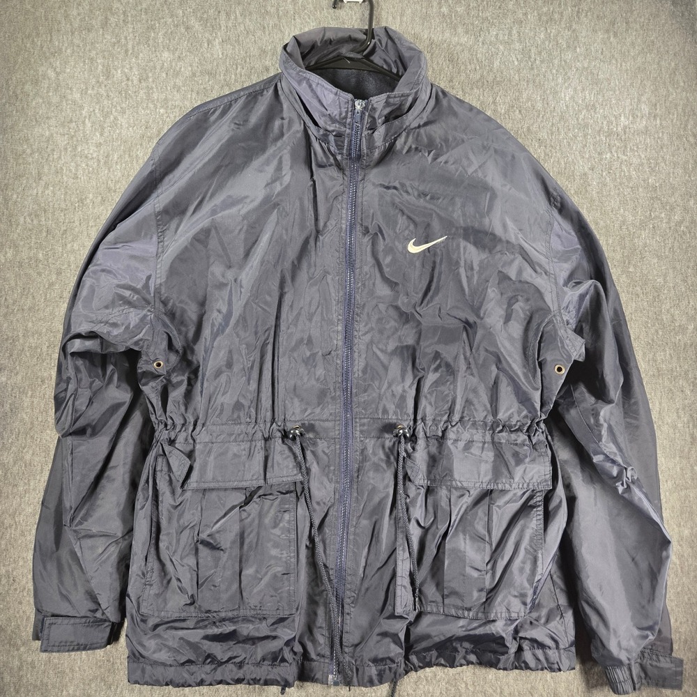 Vintage Nike Windbreaker Jacket Mens Large Navy Blue Big Swoosh Drawstring Parka